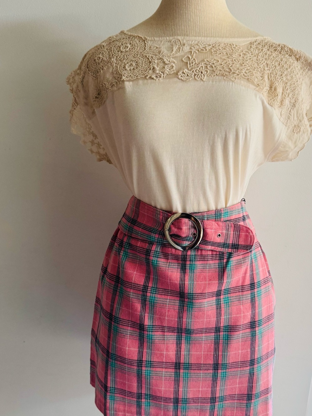 NWT Sans Souci Pink Plaid Mini Skirt with Belt